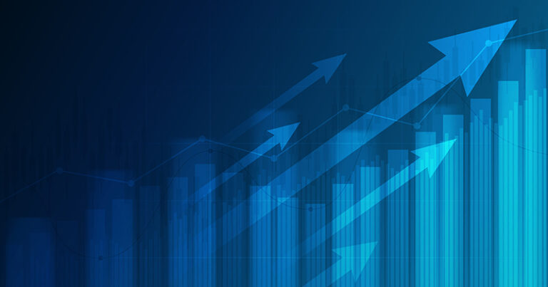 Abstract Financial Graph With Uptrend Line And Arrows In Stock Market On Blue Colour Background